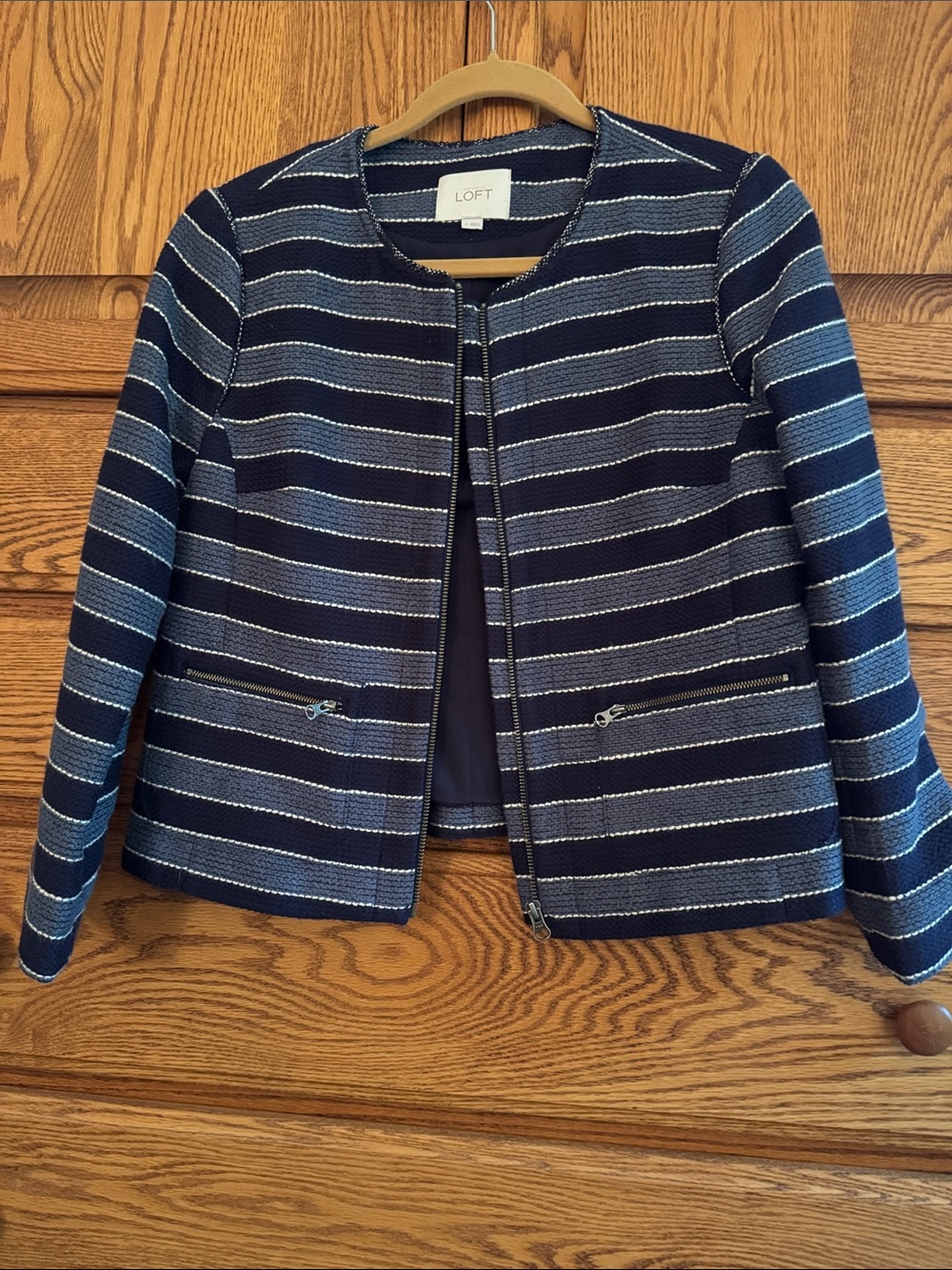LOFT Navy & Light Blue Striped Collarless Zip Jacket